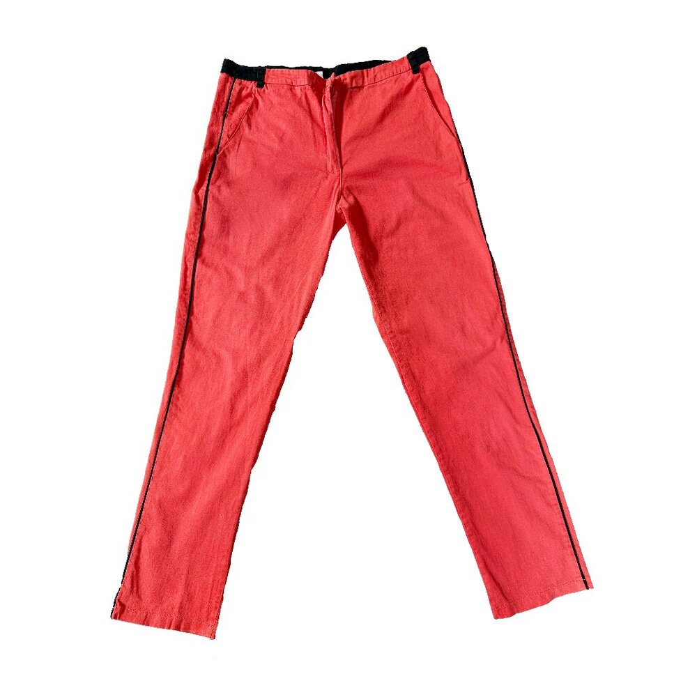 Coral straight cotton pants, side stripe Skinny Pants, women's pants